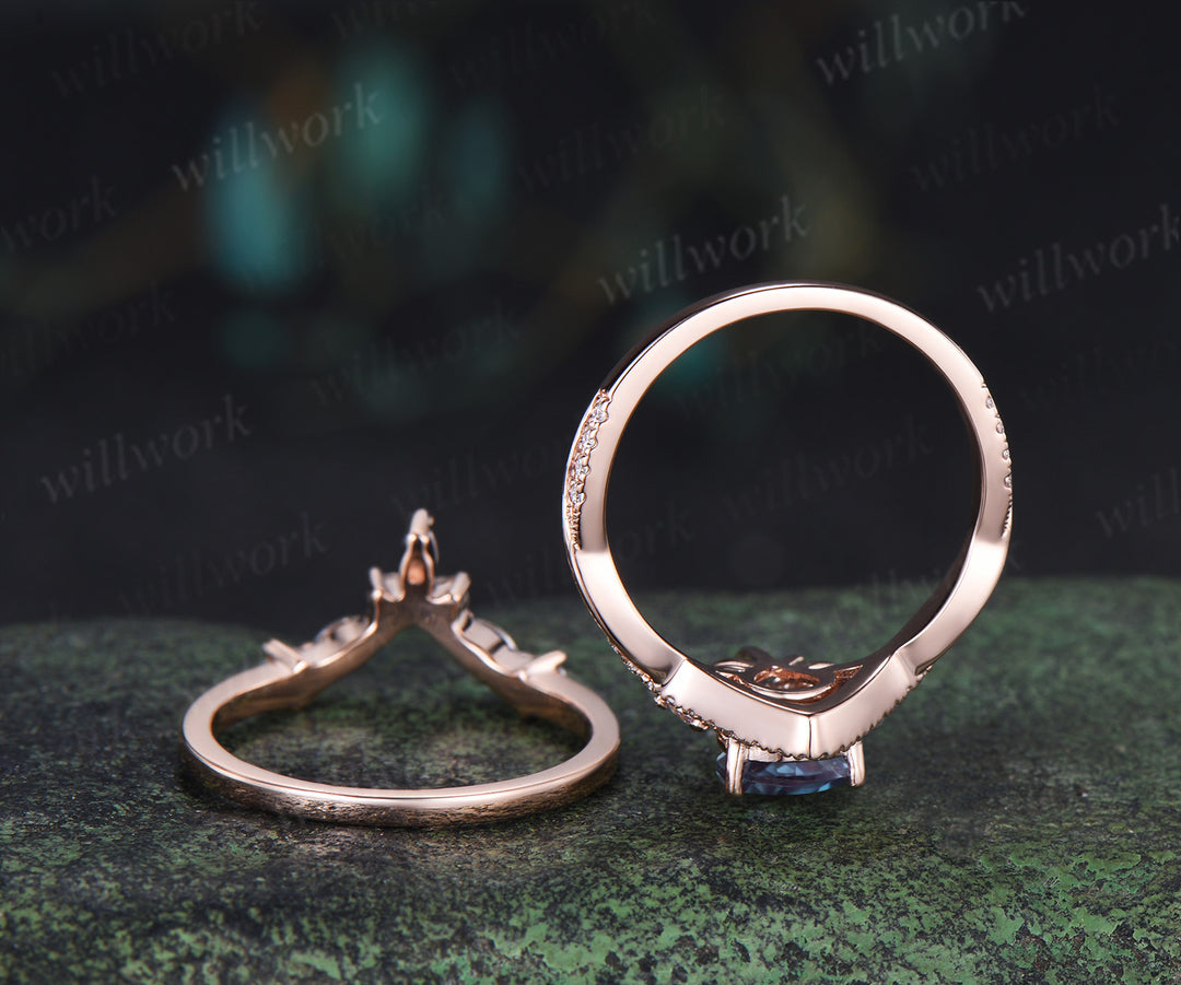 Pear Alexandrite engagement ring set halo art deco moissanite twisted ring set curved matching wedding band jewelry set