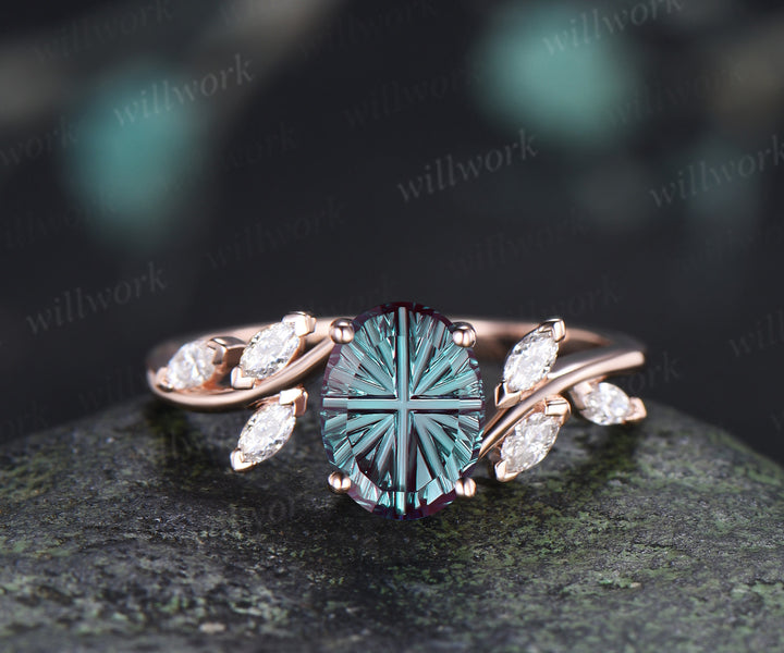 Oval Fantasy Cut Alexandrite Engagement Ring Moissanite Seven Stone Bypass Ring Color Change Gemstone Bridal Ring June Birthstone Gifts