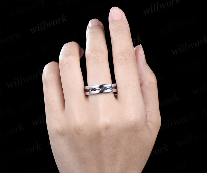 Nature Inspired Oval Alexandrite Ring Leaf Bridal Ring Set & Baguette Alexandrite Half Eternity Men Wedding Ring Unique Couple Ring Set