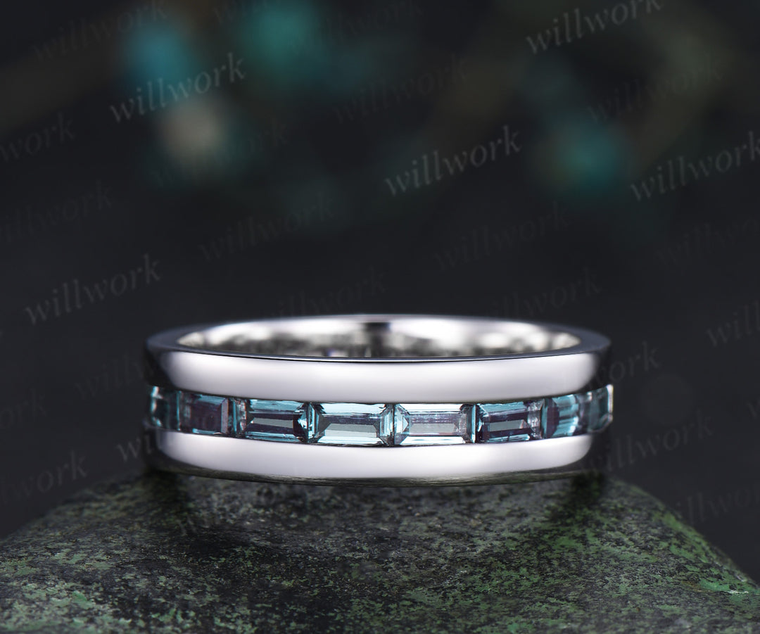 Nature Inspired Oval Alexandrite Ring Leaf Bridal Ring Set & Baguette Alexandrite Half Eternity Men Wedding Ring Unique Couple Ring Set