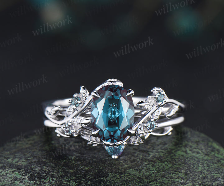 Nature Inspired Oval Alexandrite Ring Leaf Bridal Ring Set & Baguette Alexandrite Half Eternity Men Wedding Ring Unique Couple Ring Set