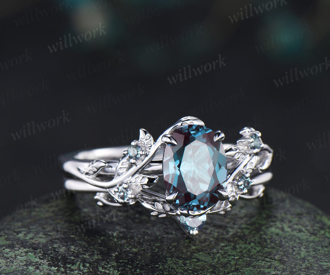 Nature Inspired Oval Alexandrite Ring Leaf Bridal Ring Set & Baguette Alexandrite Half Eternity Men Wedding Ring Unique Couple Ring Set