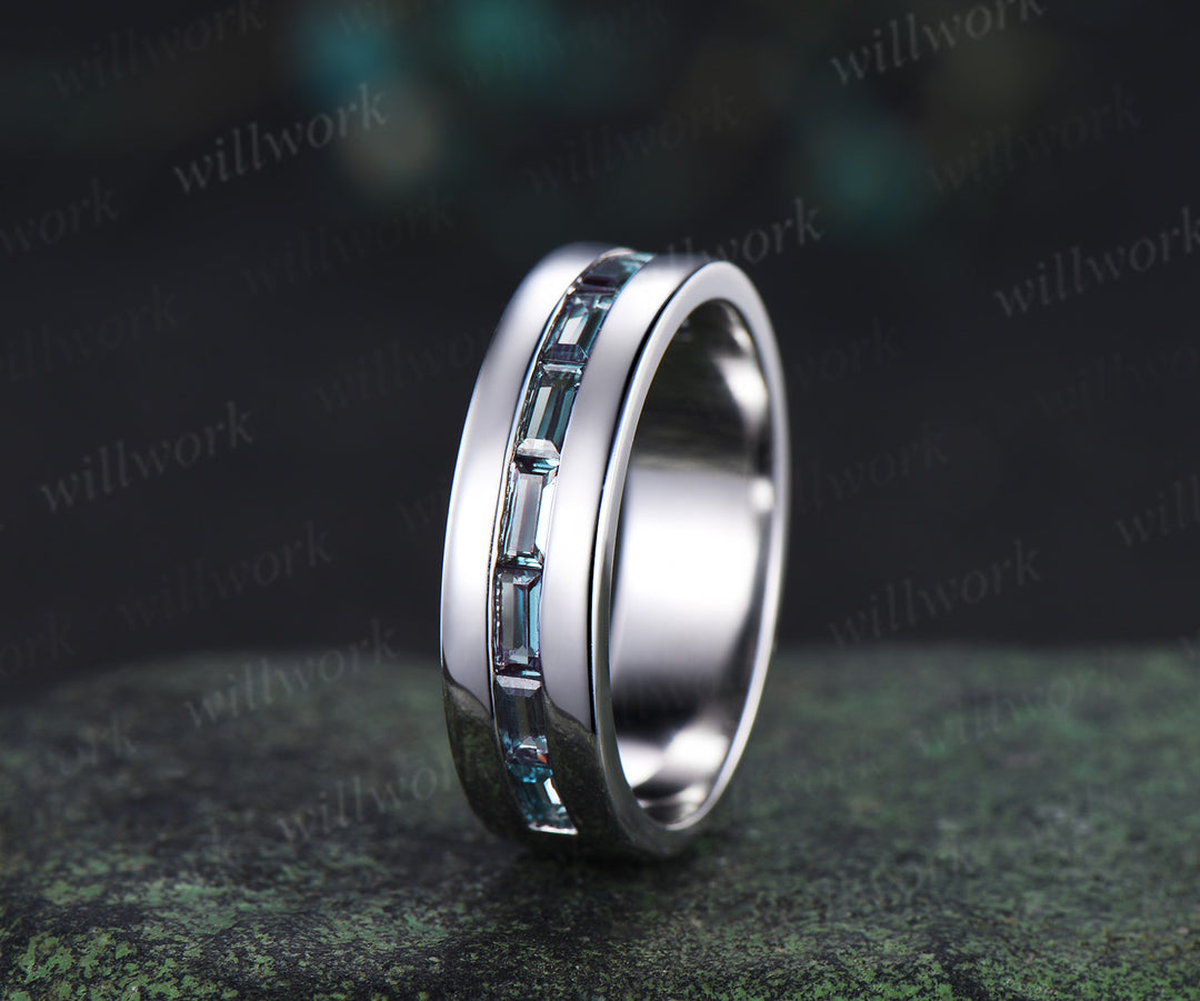 Nature Inspired Oval Alexandrite Ring Leaf Bridal Ring Set & Baguette Alexandrite Half Eternity Men Wedding Ring Unique Couple Ring Set