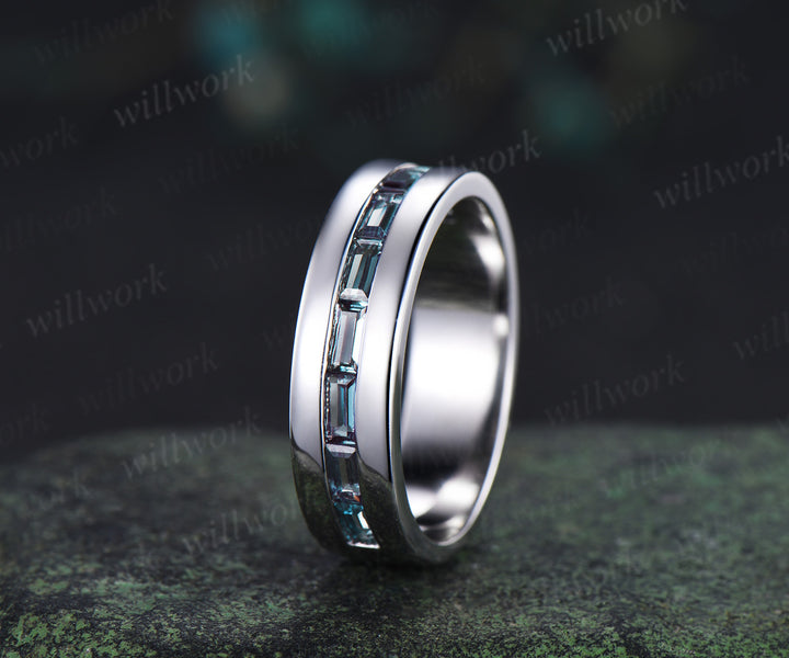 Nature Inspired Oval Alexandrite Ring Leaf Bridal Ring Set & Baguette Alexandrite Half Eternity Men Wedding Ring Unique Couple Ring Set
