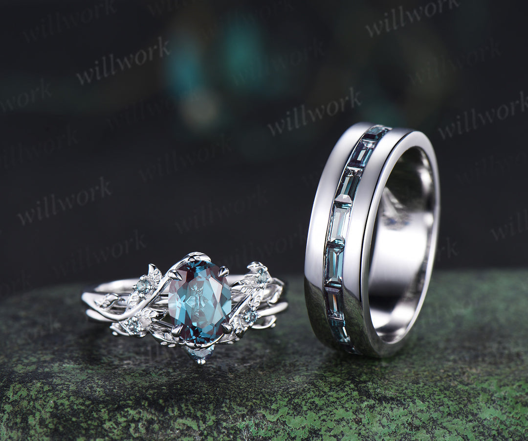 Nature Inspired Oval Alexandrite Ring Leaf Bridal Ring Set & Baguette Alexandrite Half Eternity Men Wedding Ring Unique Couple Ring Set
