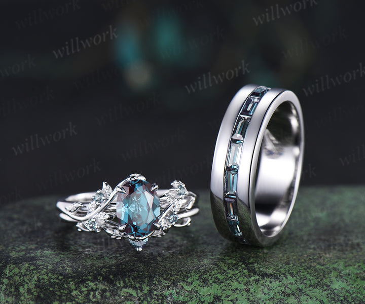 Nature Inspired Oval Alexandrite Ring Leaf Bridal Ring Set & Baguette Alexandrite Half Eternity Men Wedding Ring Unique Couple Ring Set