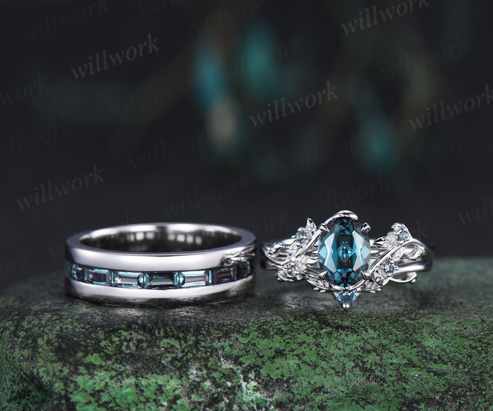 Nature Inspired Oval Alexandrite Ring Leaf Bridal Ring Set & Baguette Alexandrite Half Eternity Men Wedding Ring Unique Couple Ring Set