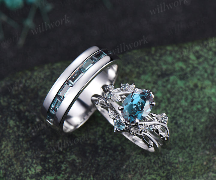 Nature Inspired Oval Alexandrite Ring Leaf Bridal Ring Set & Baguette Alexandrite Half Eternity Men Wedding Ring Unique Couple Ring Set