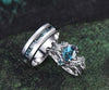 Nature Inspired Oval Alexandrite Ring Leaf Bridal Ring Set & Baguette Alexandrite Half Eternity Men Wedding Ring Unique Couple Ring Set