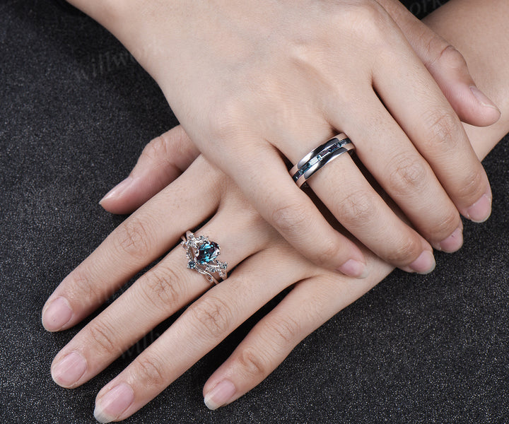 Nature Inspired Oval Alexandrite Ring Leaf Bridal Ring Set & Baguette Alexandrite Half Eternity Men Wedding Ring Unique Couple Ring Set