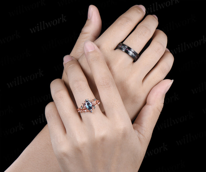 Oval Cut Alexandrite Twig Leaf Ring Set & Baguette Alexandrite Brushed Finish Men Half Eternity Wedding Ring Couple Ring Set