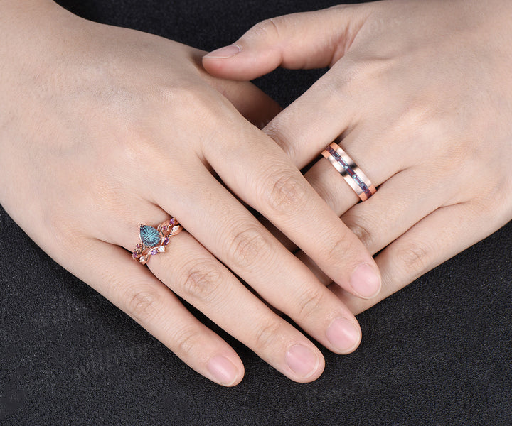 Teardrop Fantasy Cut Alexandrite Twig Leaf Ring Set & Baguette Alexandrite Men Half Eternity Wedding Ring Couple Ring Set