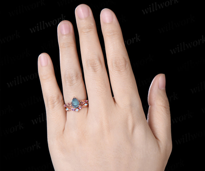 Teardrop Fantasy Cut Alexandrite Twig Leaf Ring Set & Baguette Alexandrite Men Half Eternity Wedding Ring Couple Ring Set