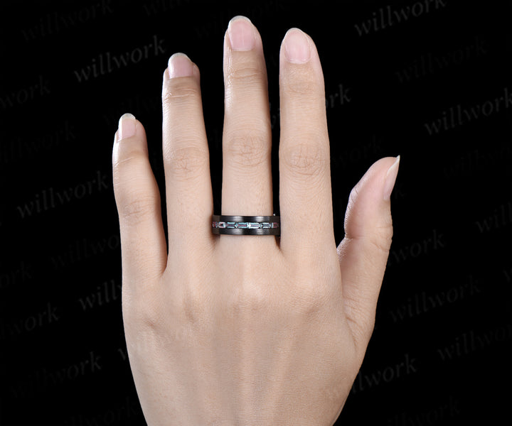 Oval Cut Alexandrite Twig Leaf Ring Set & Baguette Alexandrite Brushed Finish Men Half Eternity Wedding Ring Couple Ring Set