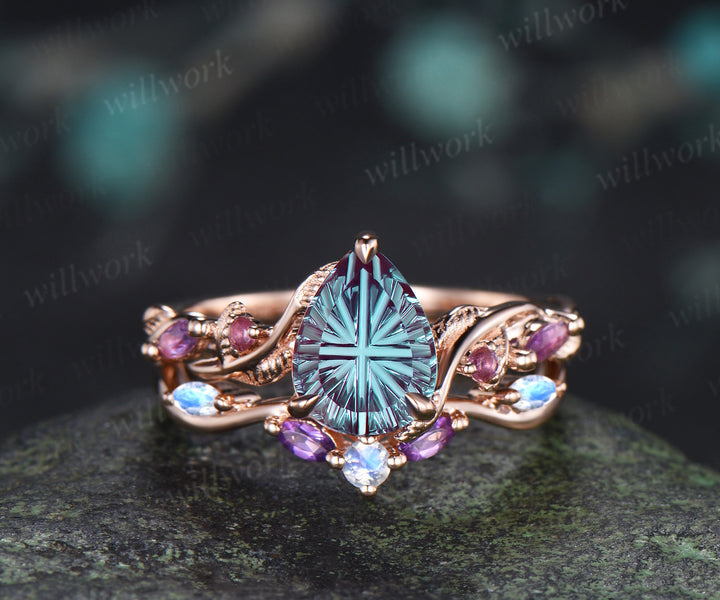 Teardrop Fantasy Cut Alexandrite Twig Leaf Ring Set & Baguette Alexandrite Men Half Eternity Wedding Ring Couple Ring Set