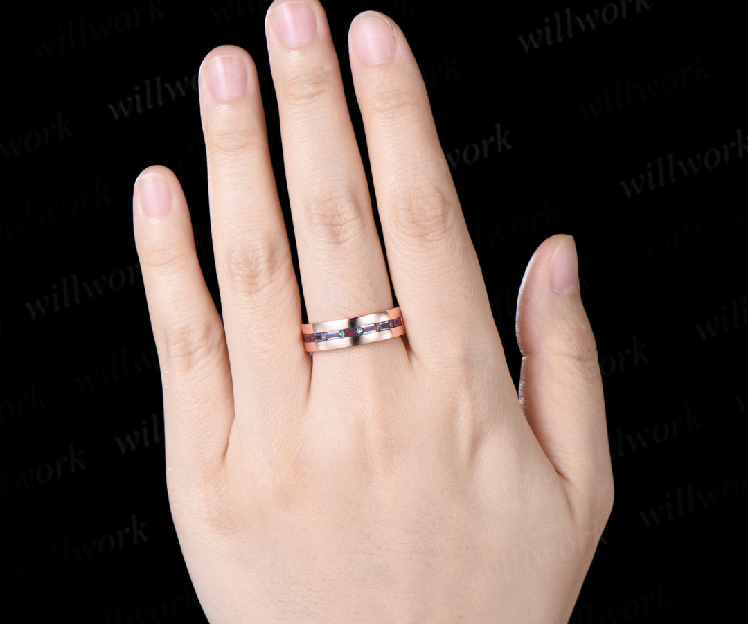 Teardrop Fantasy Cut Alexandrite Twig Leaf Ring Set & Baguette Alexandrite Men Half Eternity Wedding Ring Couple Ring Set