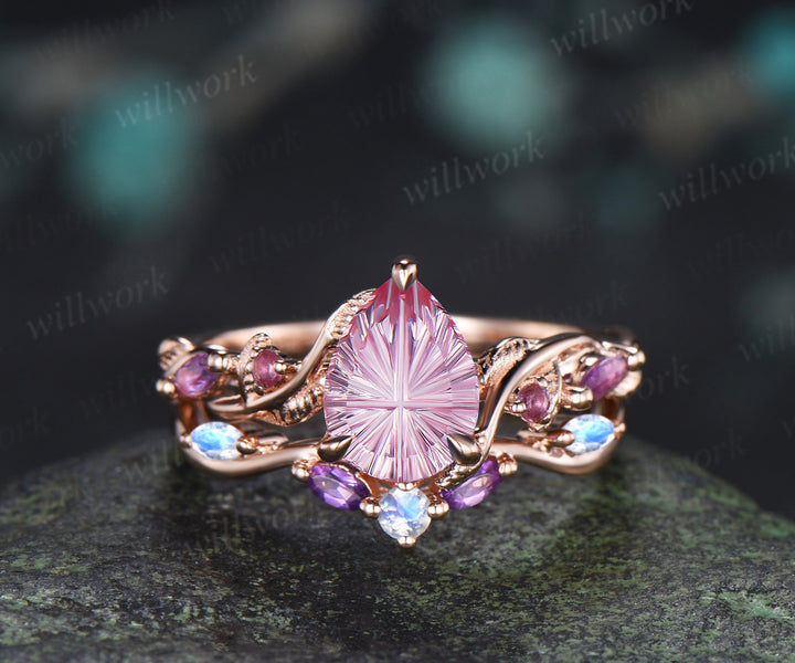 Teardrop Fantasy Cut Padparadsacha Twig Leaf Ring Set & Baguette Alexandrite Men Half Eternity Wedding Ring Couple Ring Set