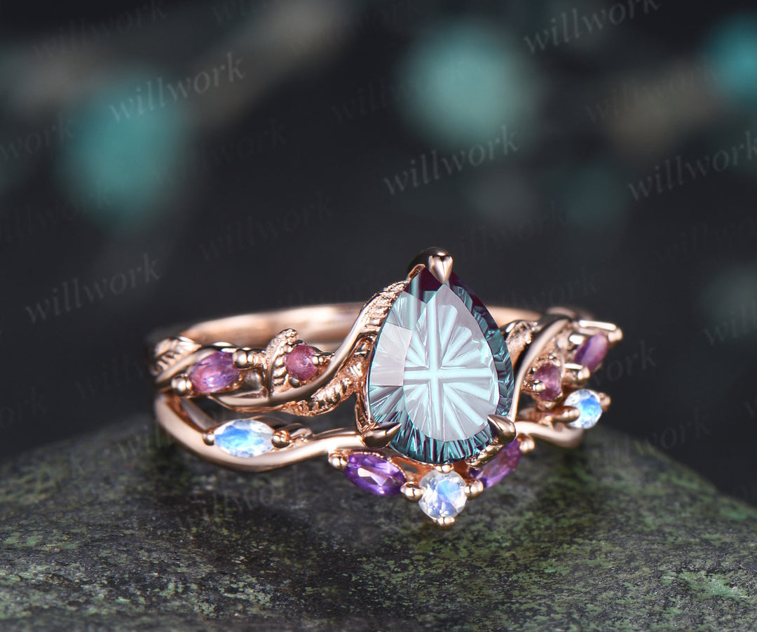 Teardrop Fantasy Cut Alexandrite Twig Leaf Ring Set & Baguette Alexandrite Men Half Eternity Wedding Ring Couple Ring Set