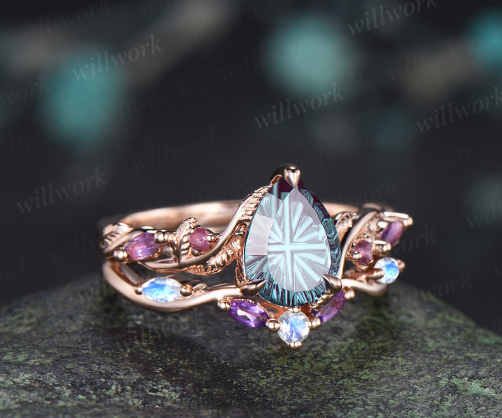 Teardrop Fantasy Cut Alexandrite Twig Leaf Ring Set & Baguette Alexandrite Men Half Eternity Wedding Ring Couple Ring Set