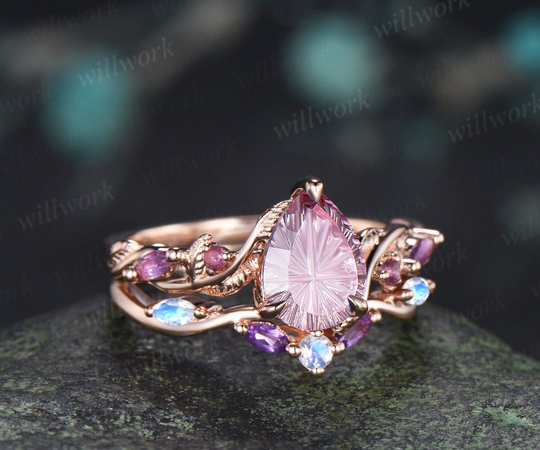 Teardrop Fantasy Cut Padparadsacha Twig Leaf Ring Set & Baguette Alexandrite Men Half Eternity Wedding Ring Couple Ring Set