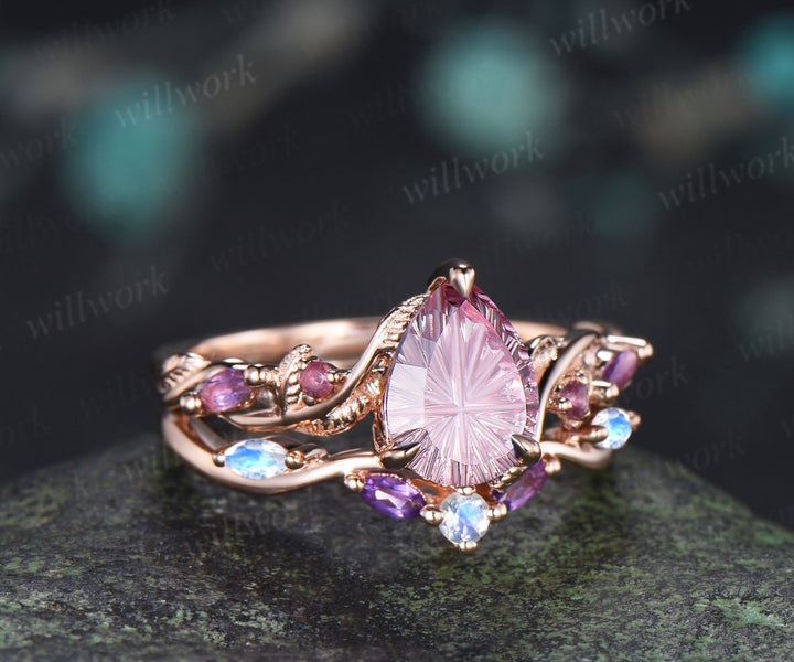 Teardrop Fantasy Cut Padparadsacha Twig Leaf Ring Set & Baguette Alexandrite Men Half Eternity Wedding Ring Couple Ring Set
