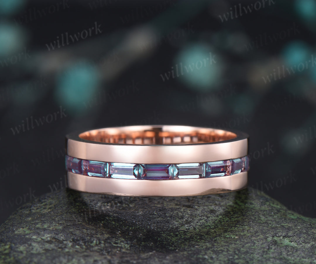 Teardrop Fantasy Cut Alexandrite Twig Leaf Ring Set & Baguette Alexandrite Men Half Eternity Wedding Ring Couple Ring Set