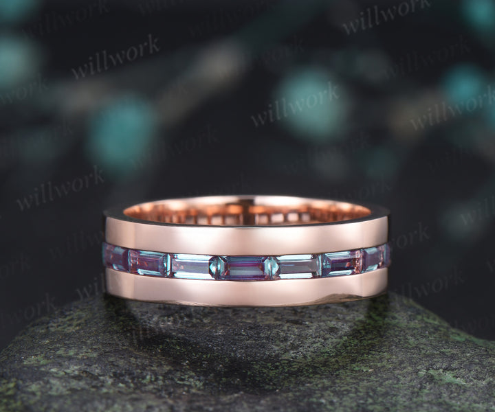 Teardrop Fantasy Cut Alexandrite Twig Leaf Ring Set & Baguette Alexandrite Men Half Eternity Wedding Ring Couple Ring Set