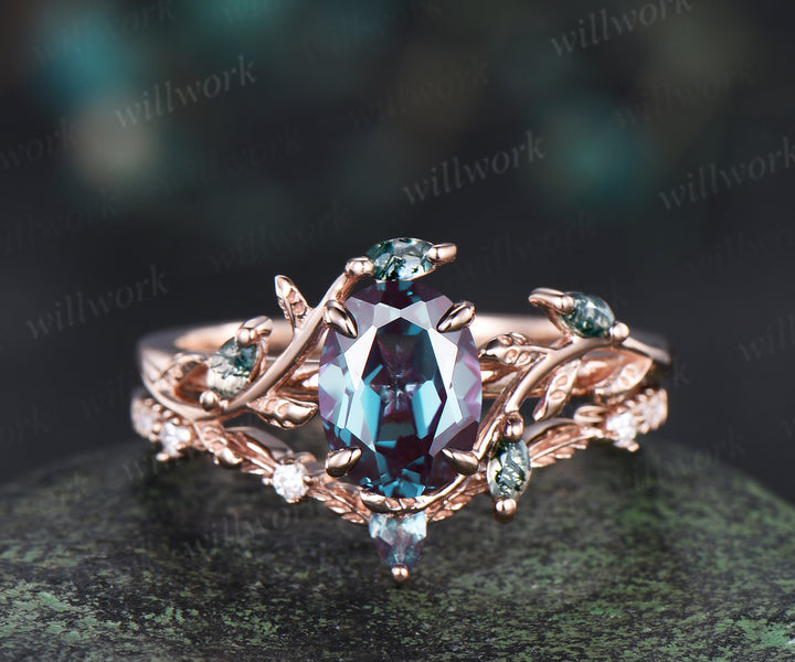 Oval Cut Alexandrite Twig Leaf Ring Set & Baguette Alexandrite Brushed Finish Men Half Eternity Wedding Ring Couple Ring Set