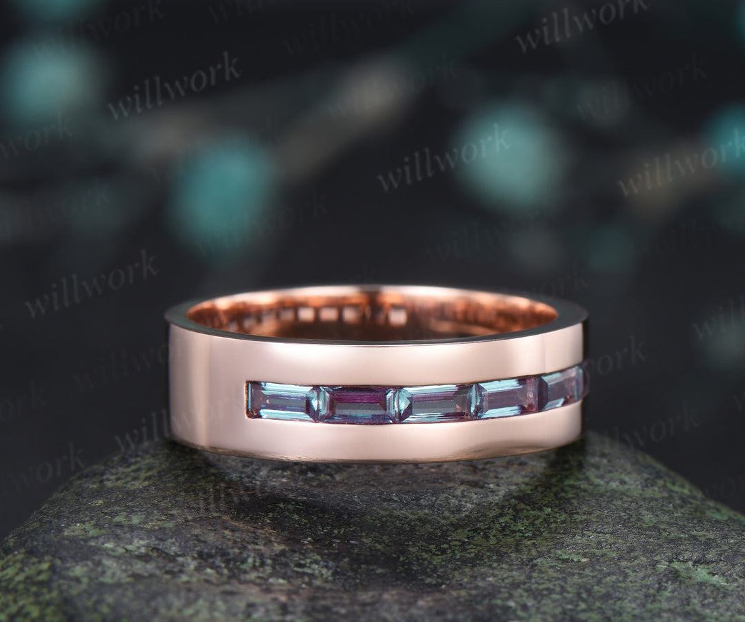 Teardrop Fantasy Cut Alexandrite Twig Leaf Ring Set & Baguette Alexandrite Men Half Eternity Wedding Ring Couple Ring Set