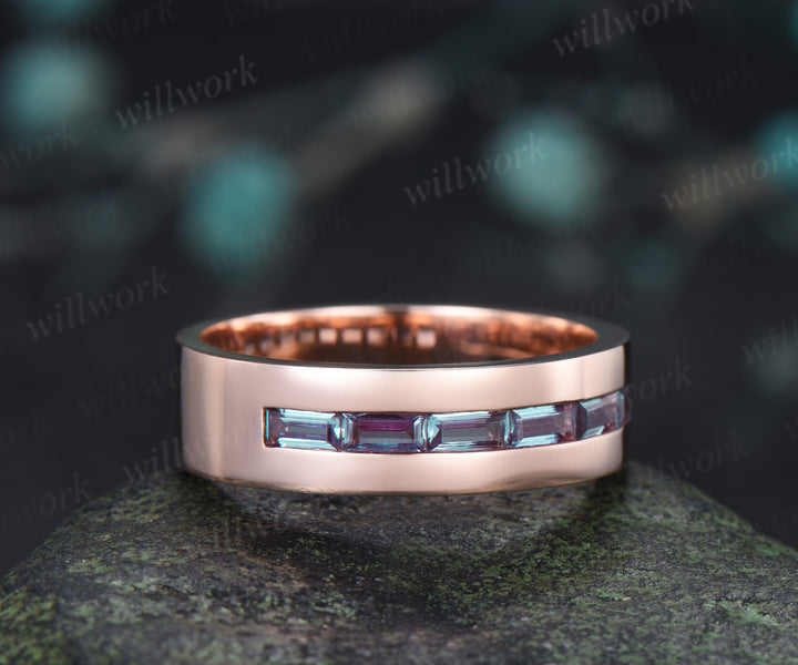 Teardrop Fantasy Cut Alexandrite Twig Leaf Ring Set & Baguette Alexandrite Men Half Eternity Wedding Ring Couple Ring Set