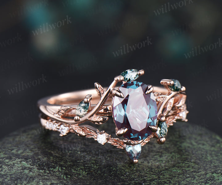 Oval Cut Alexandrite Twig Leaf Ring Set & Baguette Alexandrite Brushed Finish Men Half Eternity Wedding Ring Couple Ring Set