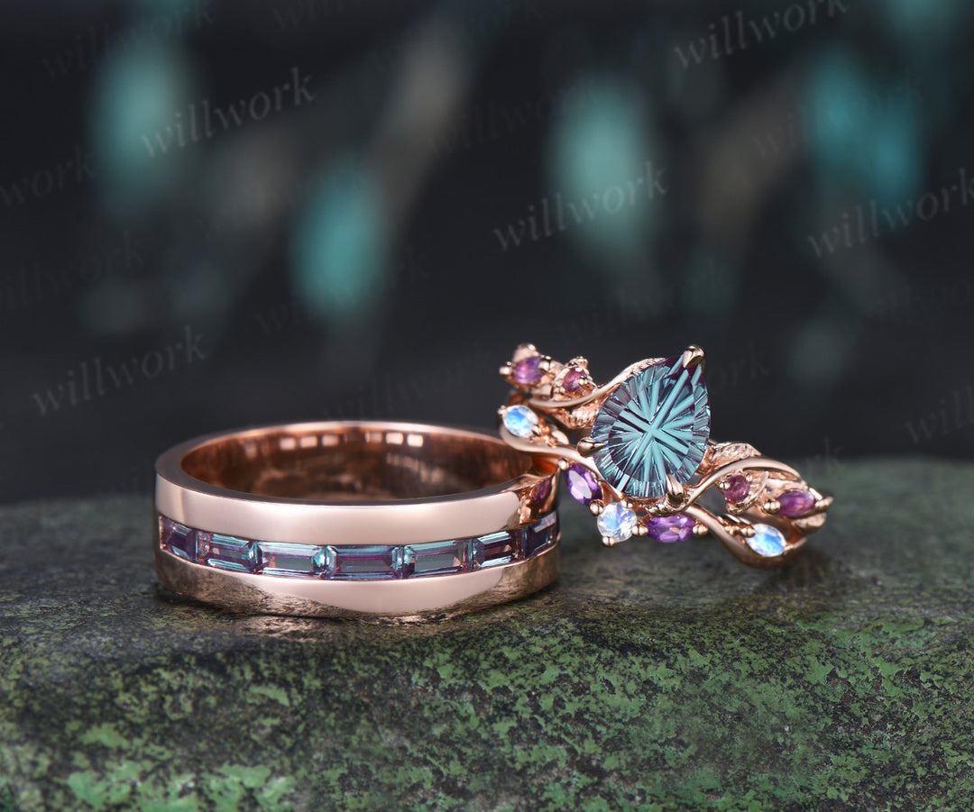 Teardrop Fantasy Cut Alexandrite Twig Leaf Ring Set & Baguette Alexandrite Men Half Eternity Wedding Ring Couple Ring Set