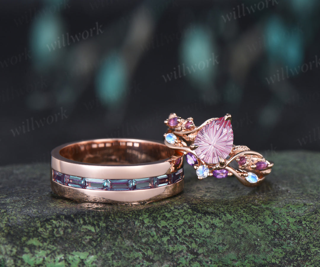 Teardrop Fantasy Cut Padparadsacha Twig Leaf Ring Set & Baguette Alexandrite Men Half Eternity Wedding Ring Couple Ring Set
