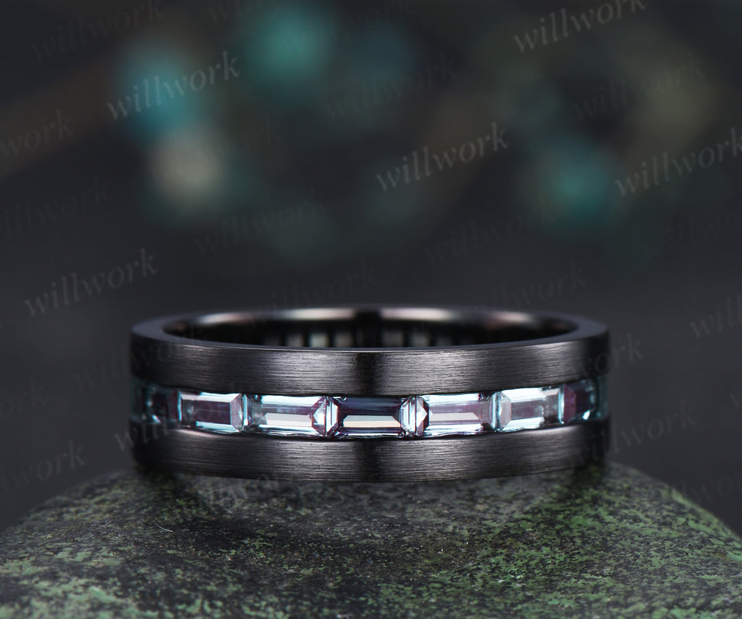 Oval Cut Alexandrite Twig Leaf Ring Set & Baguette Alexandrite Brushed Finish Men Half Eternity Wedding Ring Couple Ring Set