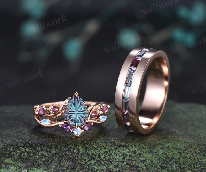 Teardrop Fantasy Cut Alexandrite Twig Leaf Ring Set & Baguette Alexandrite Men Half Eternity Wedding Ring Couple Ring Set