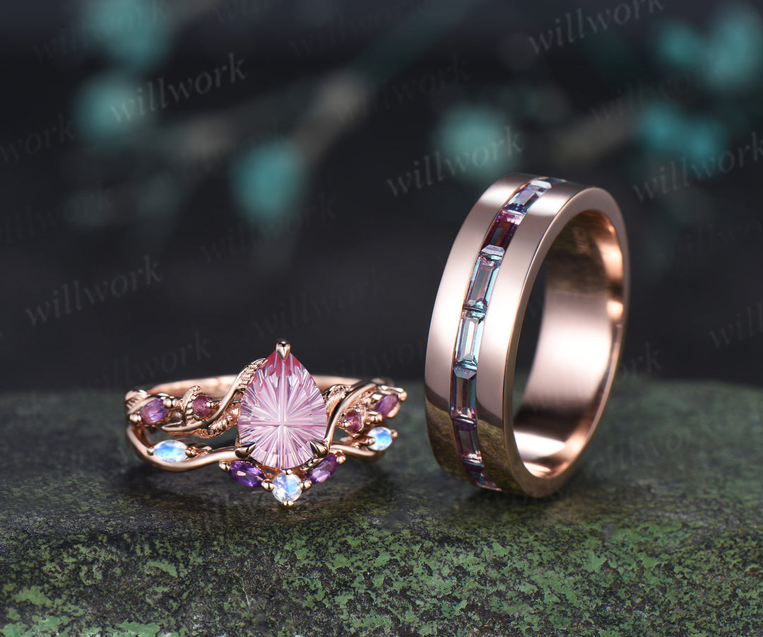 Teardrop Fantasy Cut Padparadsacha Twig Leaf Ring Set & Baguette Alexandrite Men Half Eternity Wedding Ring Couple Ring Set