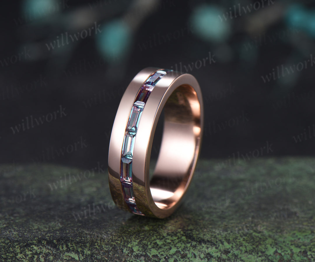 Teardrop Fantasy Cut Alexandrite Twig Leaf Ring Set & Baguette Alexandrite Men Half Eternity Wedding Ring Couple Ring Set