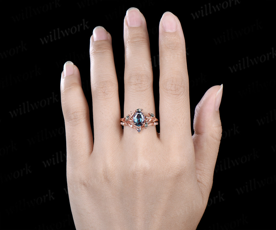 Oval Cut Alexandrite Twig Leaf Ring Set & Baguette Alexandrite Brushed Finish Men Half Eternity Wedding Ring Couple Ring Set