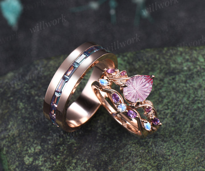 Teardrop Fantasy Cut Padparadsacha Twig Leaf Ring Set & Baguette Alexandrite Men Half Eternity Wedding Ring Couple Ring Set