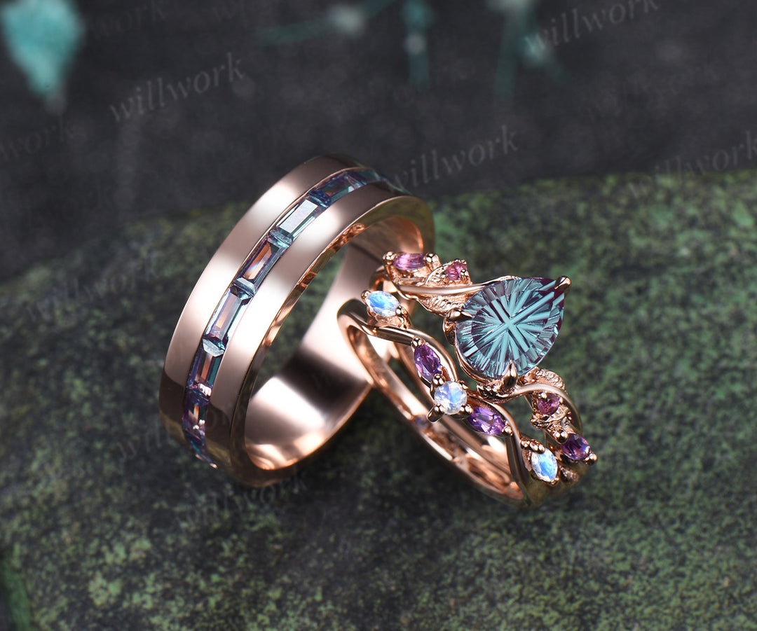 Teardrop Fantasy Cut Alexandrite Twig Leaf Ring Set & Baguette Alexandrite Men Half Eternity Wedding Ring Couple Ring Set