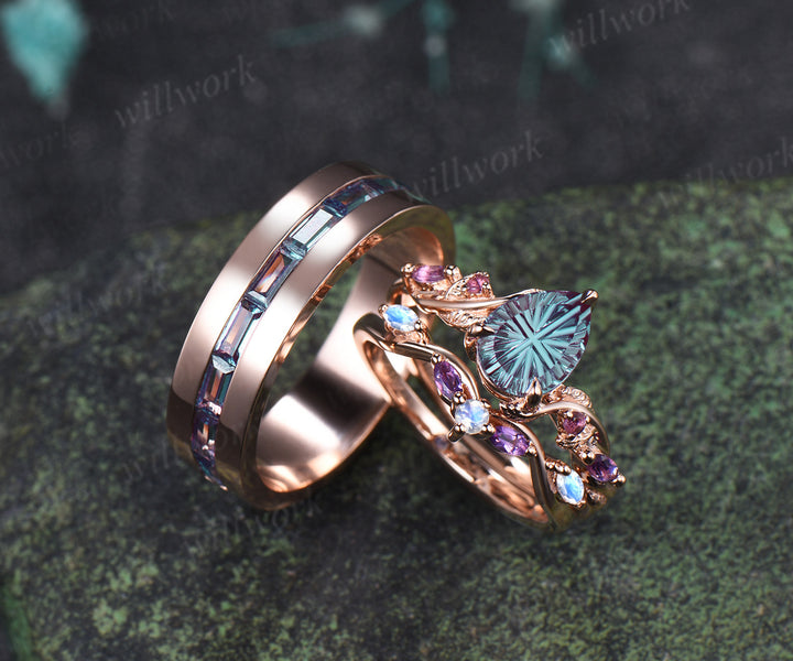 Teardrop Fantasy Cut Alexandrite Twig Leaf Ring Set & Baguette Alexandrite Men Half Eternity Wedding Ring Couple Ring Set