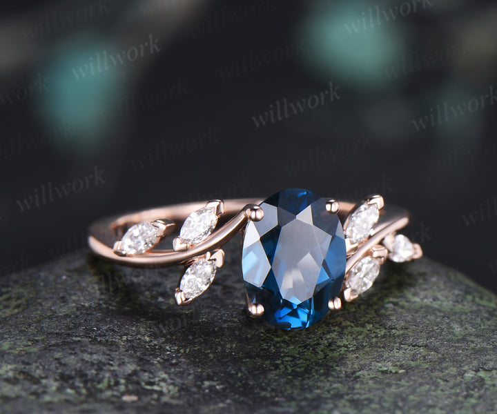 Oval Cut London Blue Topaz Engagement Ring Seven Stone Bypass Ring Marquise Moissanite Cluster Promise Ring Gifts