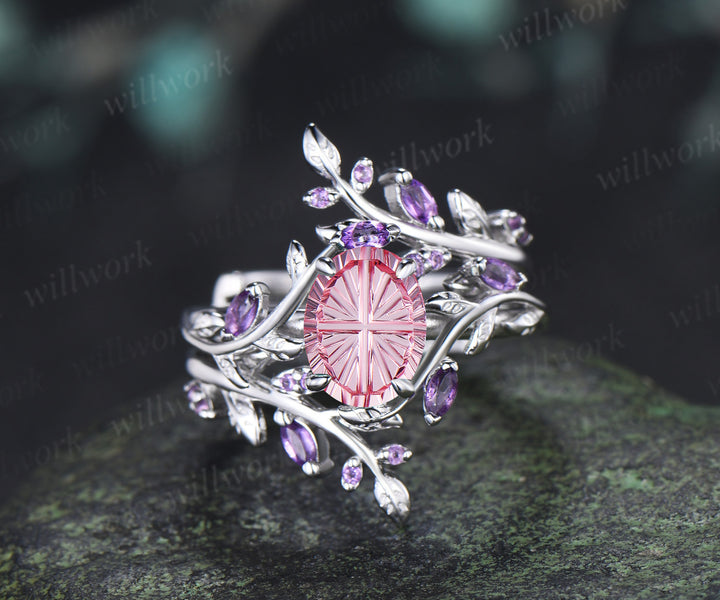 Oval Fantasy Cut Padparadscha Leaf Vine Engagement Ring Amethyst Enhancer Wrap Band Nature Inspired Pink Sapphire Bridal Set