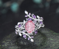 Oval Fantasy Cut Padparadscha Leaf Vine Engagement Ring Amethyst Enhancer Wrap Band Nature Inspired Pink Sapphire Bridal Set