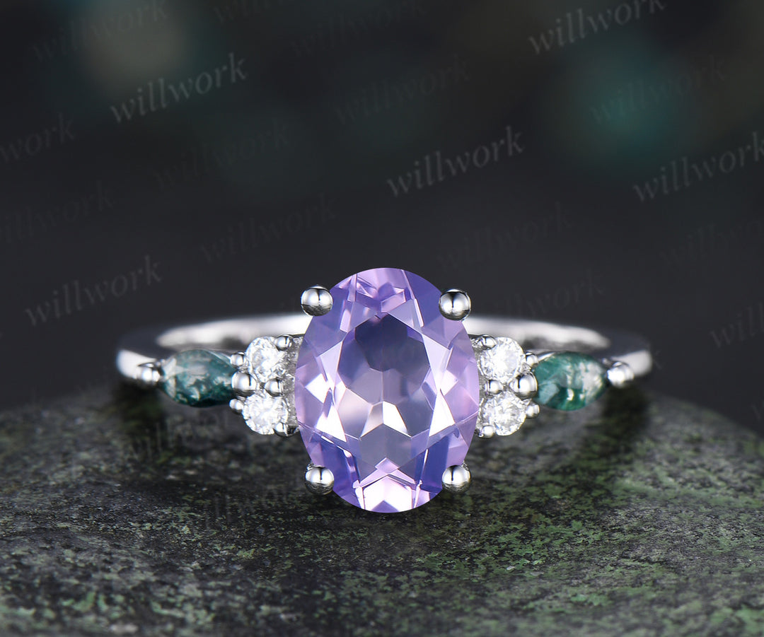 Oval cut lavender amethyst ring set moss agate moissanite engagement ring marquise amethyst wedding band unique bridal set