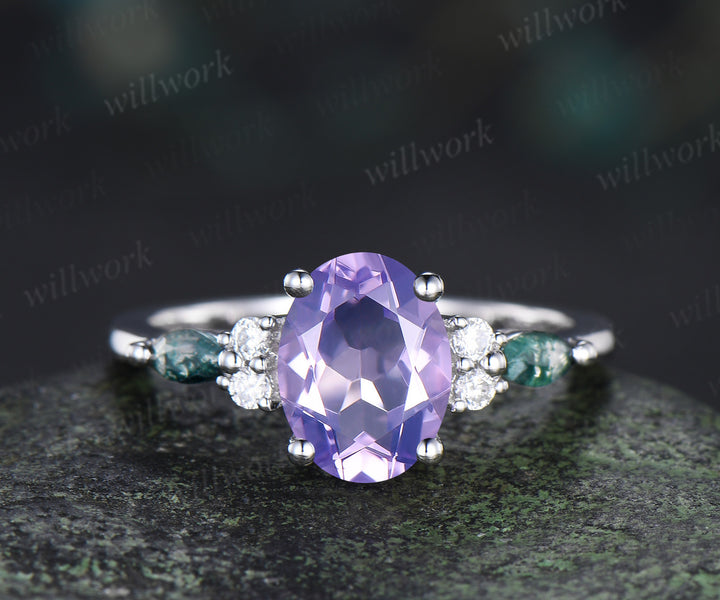 Oval cut lavender amethyst ring set moss agate moissanite engagement ring marquise amethyst wedding band unique bridal set