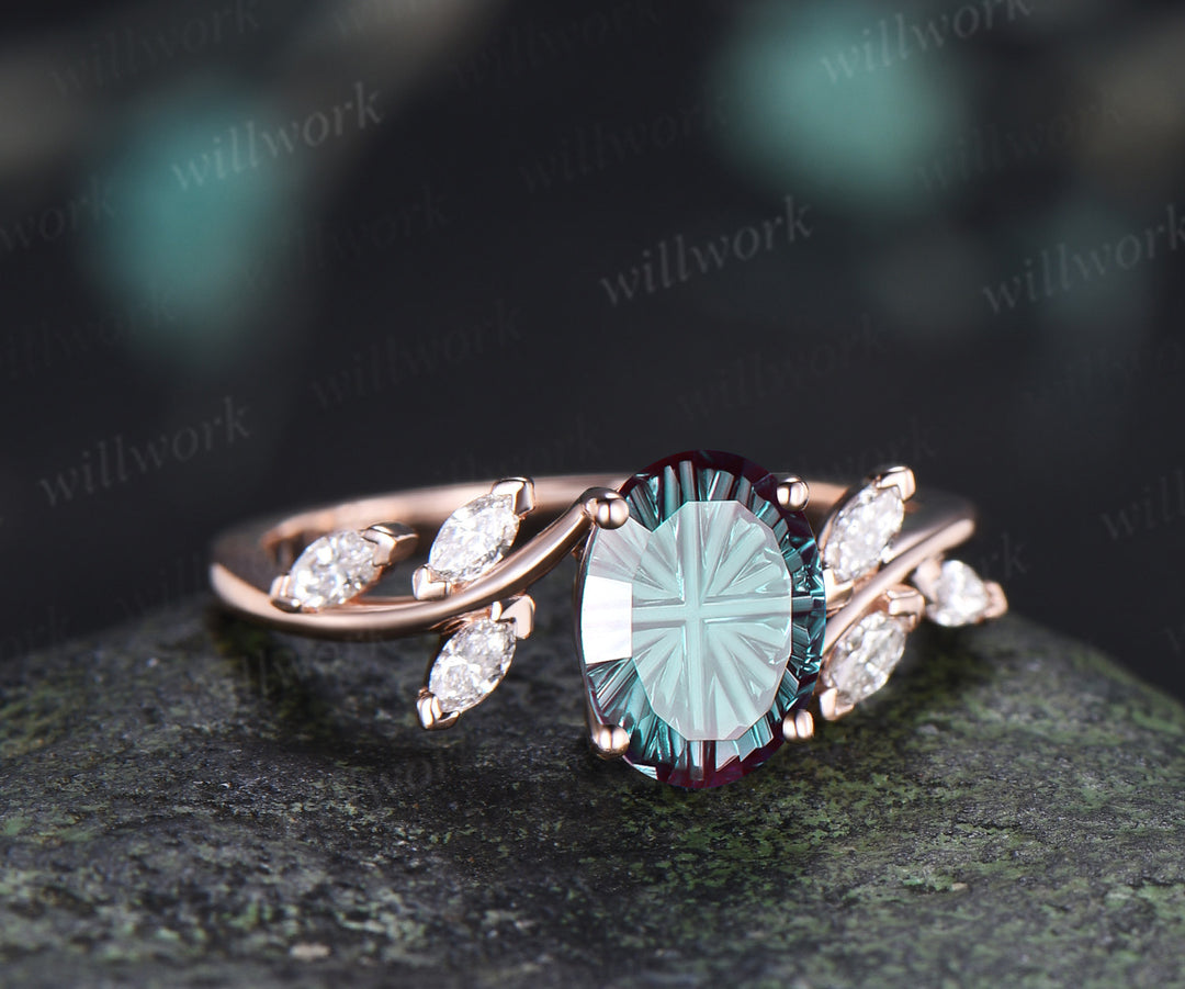 Oval Fantasy Cut Alexandrite Engagement Ring Moissanite Seven Stone Bypass Ring Color Change Gemstone Bridal Ring June Birthstone Gifts