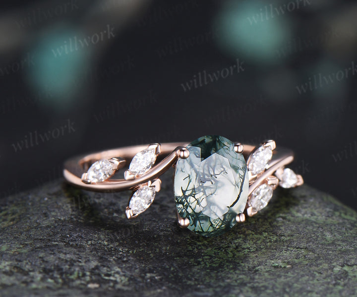 Oval Cut Moss Agate Engagement Ring Seven Stone Bypass Ring Marquise Moissanite Cluster Promise Ring Gifts