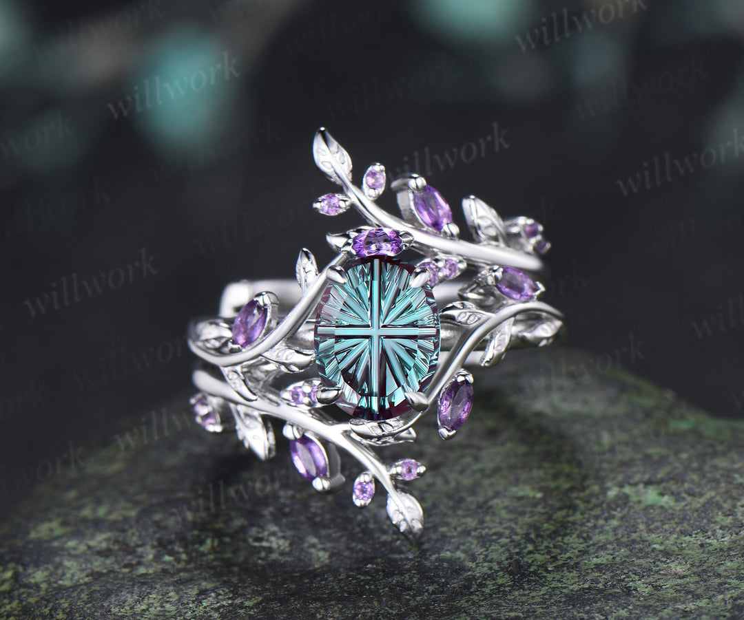 Oval Fantasy Cut Alexandrite Leaf Vine Engagement Ring Amethyst Twig Enhancer Band Nature Inspired Alexandirte Bridal Set
