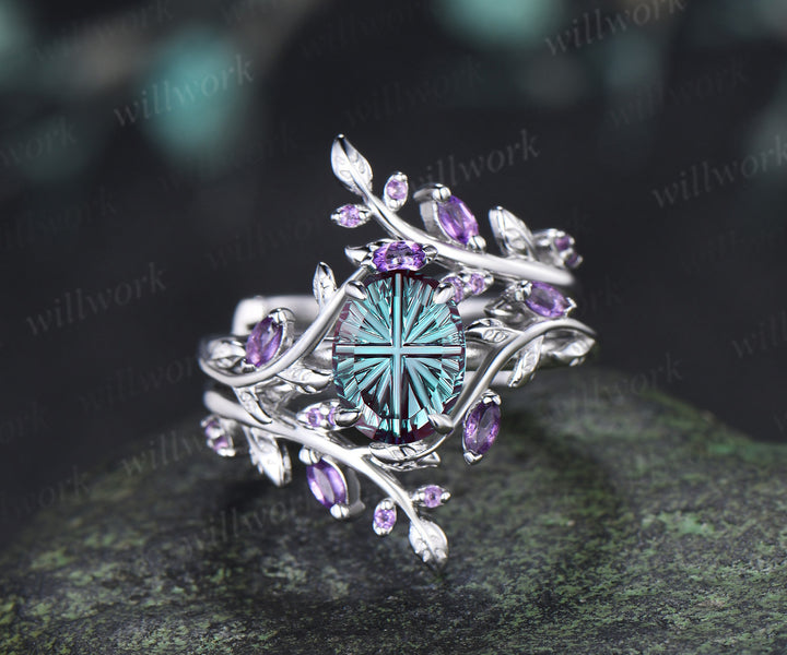 Oval Fantasy Cut Alexandrite Leaf Vine Engagement Ring Amethyst Twig Enhancer Band Nature Inspired Alexandirte Bridal Set